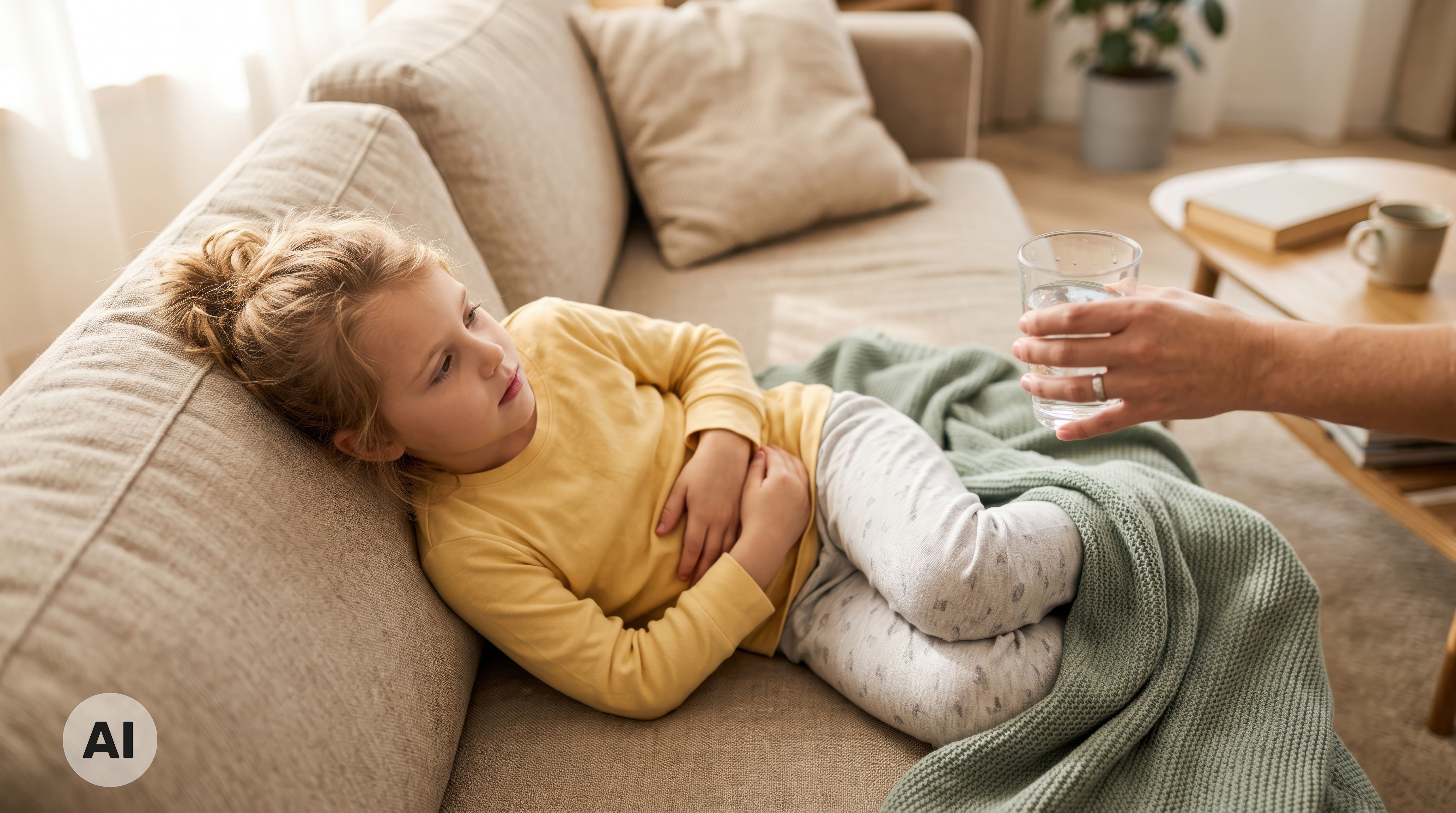 Ein Kind mit Bauchschmerzen sitzt auf dem Sofa und eine Hand reicht ihm etwas zu trinken.